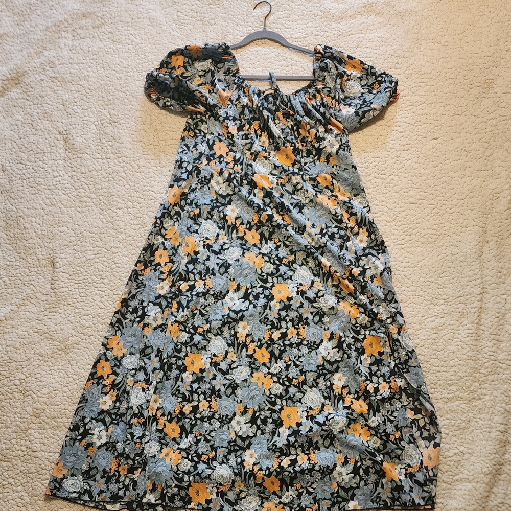 Floral  Dress with Orange and Blue Accents